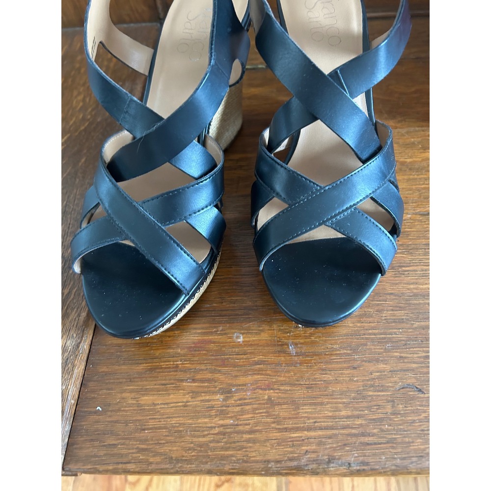 Franco Sarto Black Leather Strappy Raffia Wedge Sandals Ankle Strap Buckle